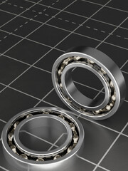 Precision ball bearings with shiny metal spheres on a grid background