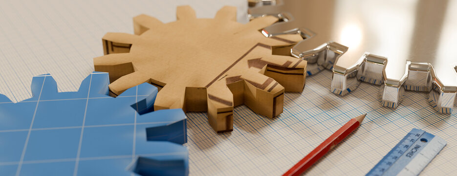 Gears and drafting tools on graph paper, symbolizing engineering and design