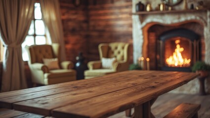 Fototapeta premium Wooden desk providing free space within a home interior featuring a fireplace. Mockup background.