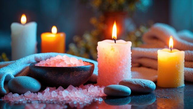 Calming Spa Arrangement with Lit Candles and Pink Sea Salt in a Bowl