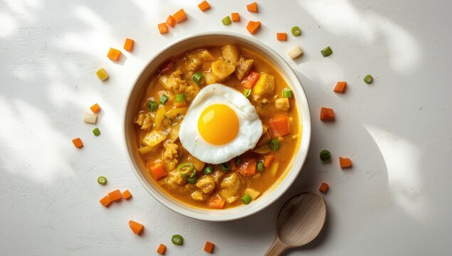 Bowl of Colorful Chicken Stew Topped with Fried Egg on a Light Surface