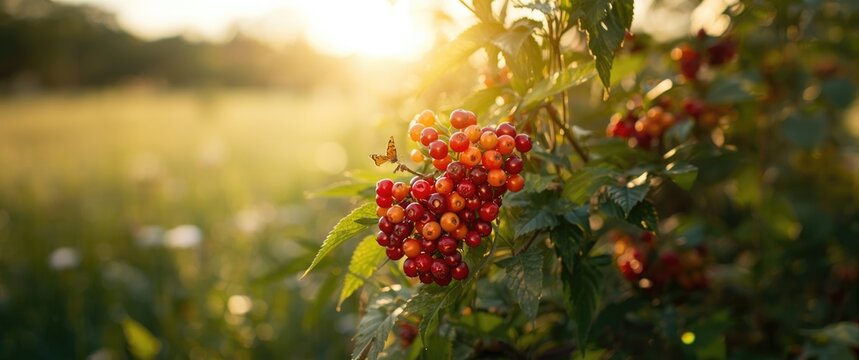Red Berries Growing on a Bush in a Sunlit Field During Golden Hour