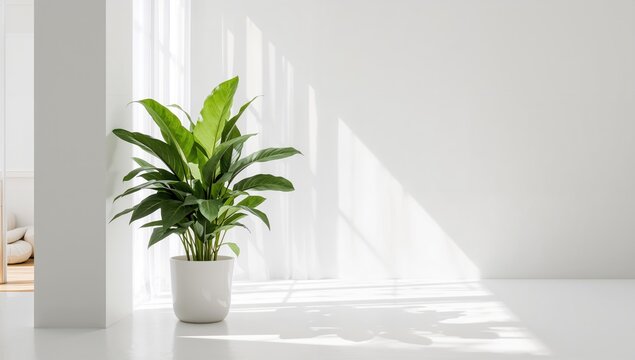 Indoor Plant in Modern Minimalist Room with Soft Natural Light and Shadows