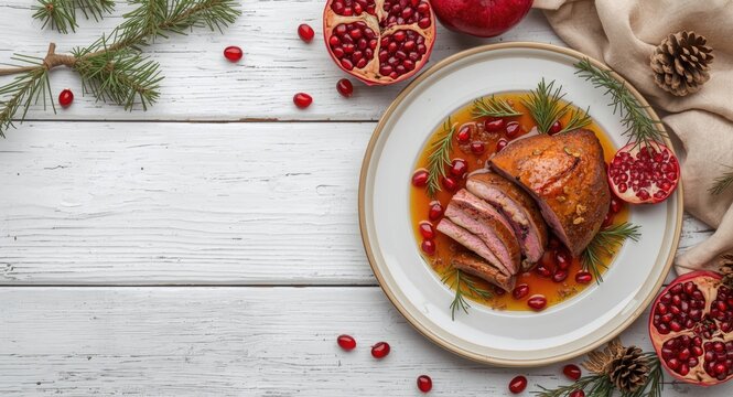 Glazed Roast Duck Sliced on a Plate Surrounded by Pomegranate Seeds and Pine Branches