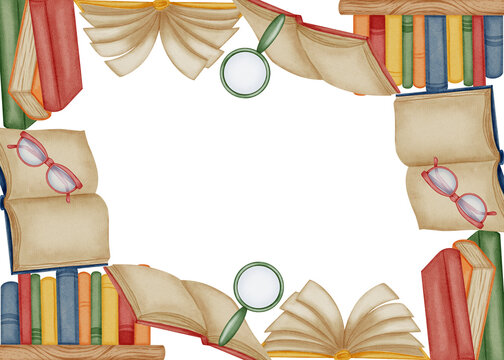Watercolor back to school frame with vintage books, glasses and magnifying glass. Hand drawn library border for student knowledge concept.