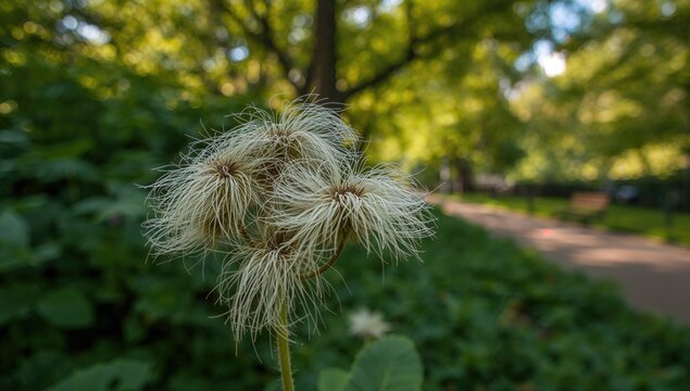 Fluffy White Wildflower in a Lush Green Park Setting with Soft Focus Background