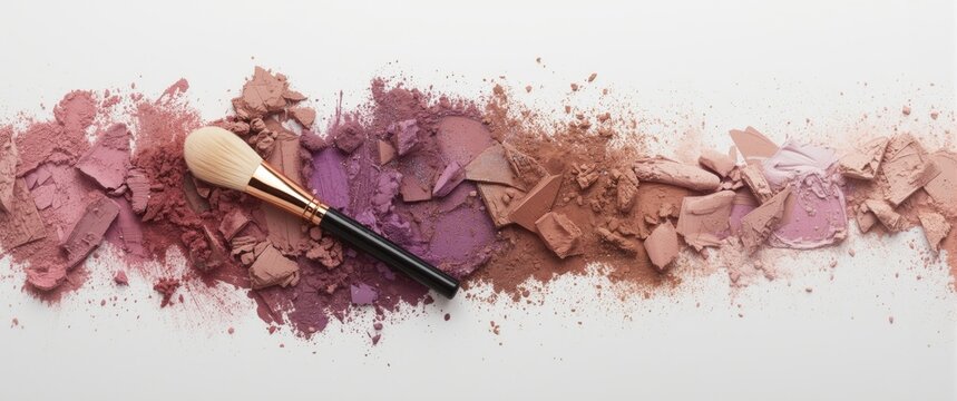 Makeup Powder and Brush Arranged in a Colorful Spread on White Background