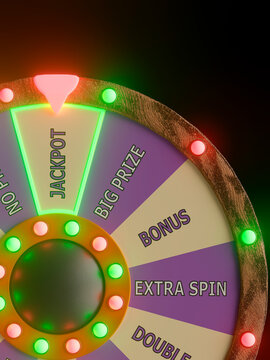 Spinning prize wheel with jackpot and bonus segments illuminated