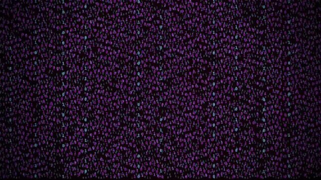 Binary digits flicker across a dark digital background with shifting purple and blue patterns