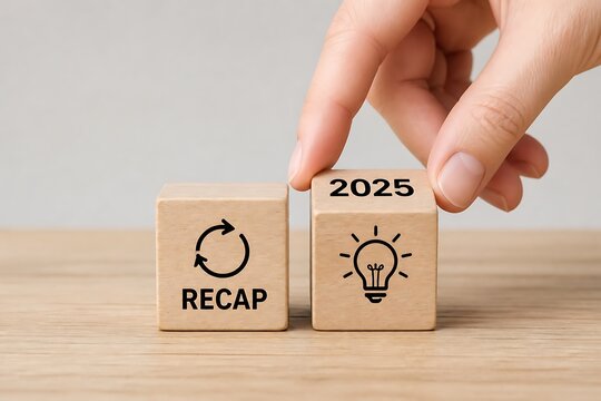 Hand placing wooden block with 2025 and light bulb next to recap block on table