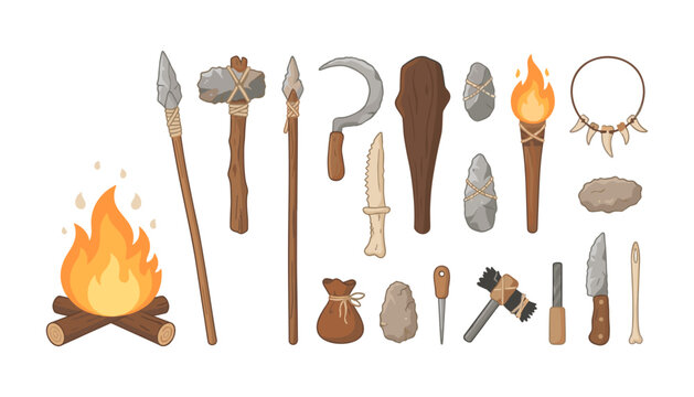  Stone Age Primitive Tools Vector Icon Set with Bonfire, Spear, Axe, Club, Torch, and Flint Weapon Elements for Prehistoric History Graphic Designs