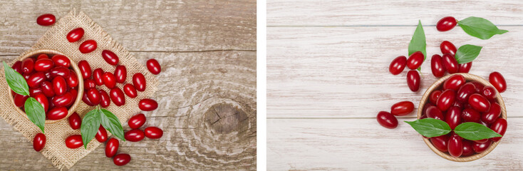 dogwood berry with leaf in bowl on old wooden background with copy space for your text. Top view © kolesnikovserg
