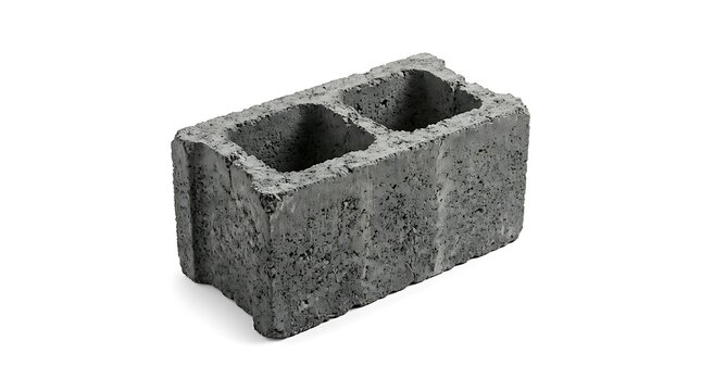 Single grey concrete cinder block isolated on a white background.
