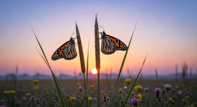 Monarch butterflies on reeds at sunrise, symbolizing nature's beauty, new beginnings, and ephemeral moments, perfect for peaceful and natural concepts