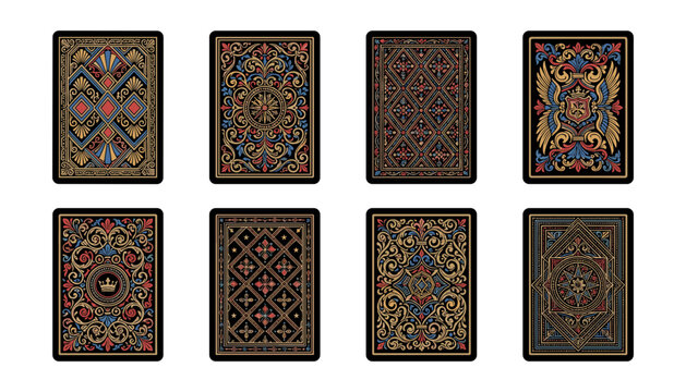 Vintage Playing Cards Back Design Vector Set Featuring Ornate Medieval Floral Renaissance Patterns for Poker Casino Deck Background