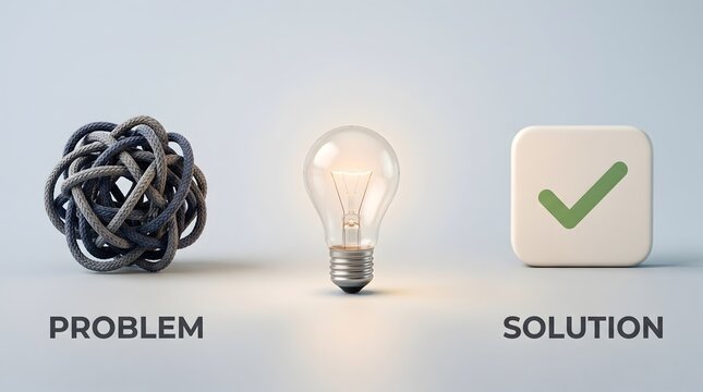 Simplifying business complexity metaphor with tangled knot resolving into an illuminated lightbulb and successful outcome checkmark