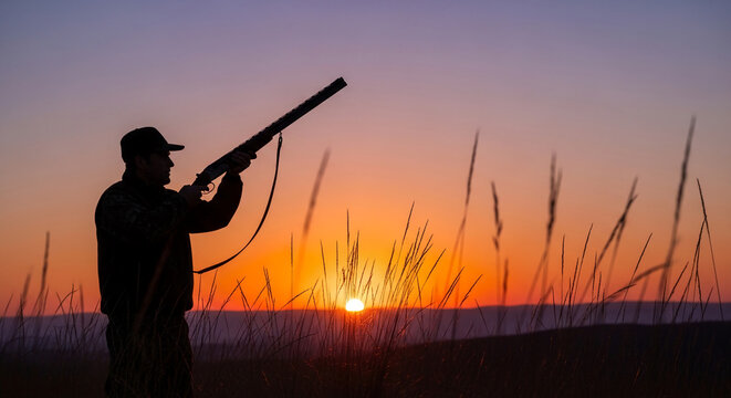Silhouette of a hunter aiming a rifle at sunset in a grassy field, symbolizing outdoor activity, sport, and nature.