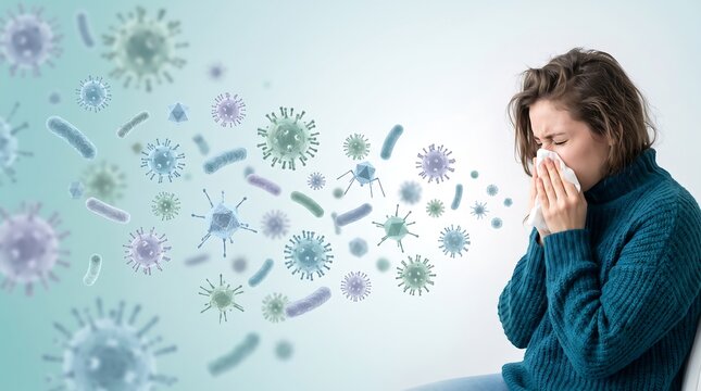 A woman suffering from a common cold sneezing while releasing airborne viral particles and dangerous pathogens into the surrounding indoor air environment