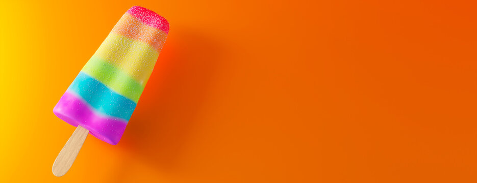 Bright rainbow popsicle with glitter on a vibrant orange background