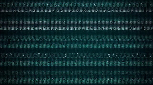 Binary code streams across dark digital background with shifting cyan and white rows of data