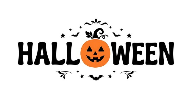 Halloween text with a jack o lantern and bats on a white background