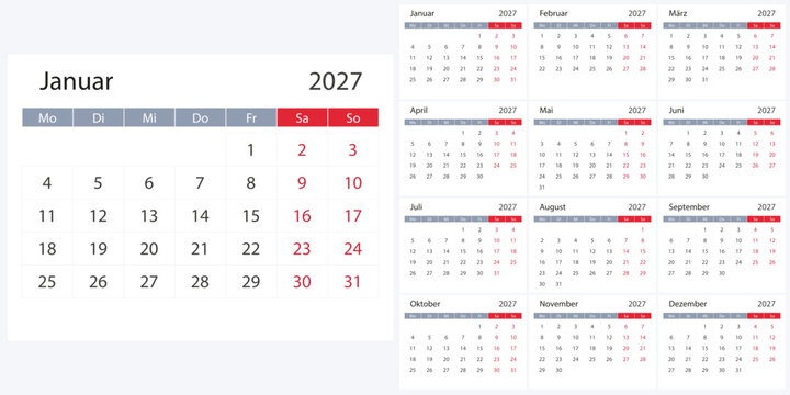 German-language 2027 calendar with Monday start, monthly grid layout for planning and scheduling