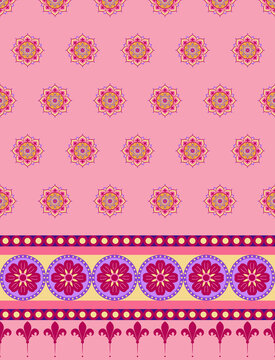Fabric seamless pattern with border in Indian style for textile printing, clothing, saree and silk