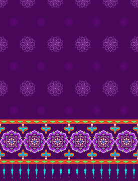 Fabric seamless pattern with border in Indian style for textile printing, clothing, saree and silk