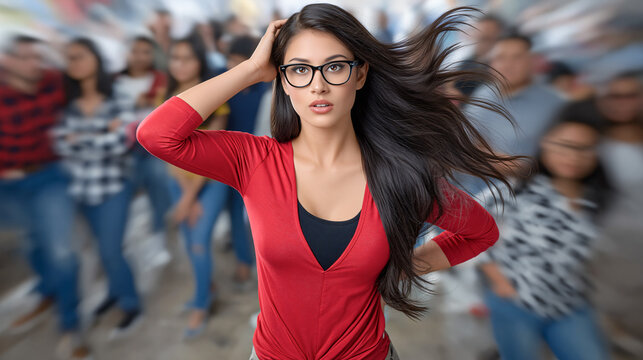 Concerned Young Woman in Crowd A young woman with glasses and long dark hair, wearing a red top, stands out from a blurred background of people, looking concerned and anxious.