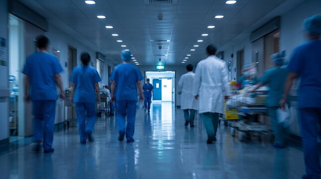 Healthcare professionals in a modern hospital corridor, walking away from camera