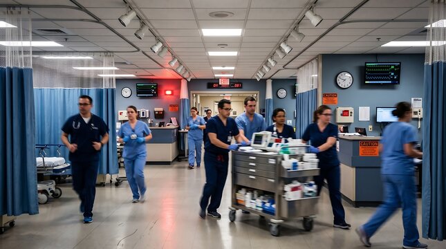 Medical staff in blue scrubs hurrying down a busy hospital emergency room corridor with medical equipment
