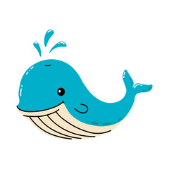 Naklejka premium Cute Blue Whale with Water Spout Cartoon Illustration