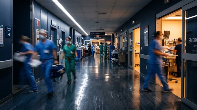 Busy hospital corridor with blurred medical staff in blue and green scrubs walking quickly through the hallway during an emergency shift in a clinic