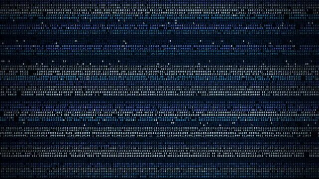 Binary code digits changing across a dark digital background with blue and white glowing rows