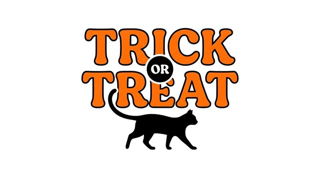Vintage halloween graphic with a black cat and festive trick or treat lettering