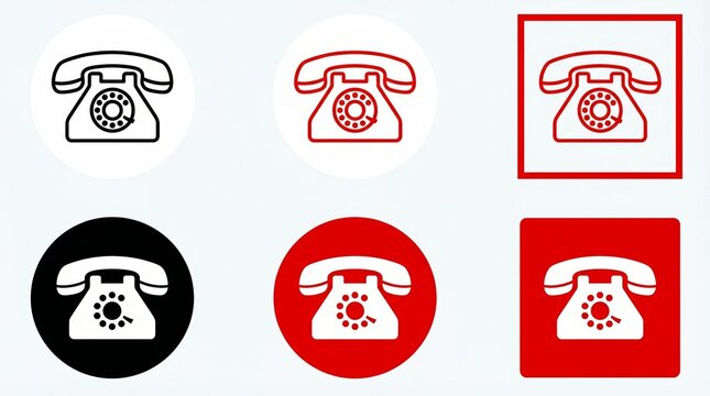 Rotary telephone icons with outline and filled styles, retro communication design variations, vintage phone symbol graphic illustration set.