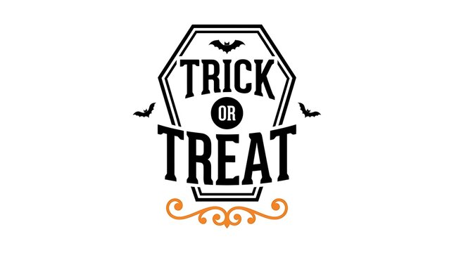 Halloween graphic with the words trick or treat inside a coffin shape illustration