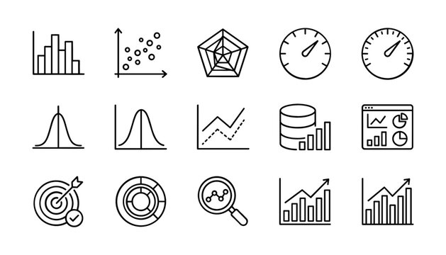 Data Analytics and Business Statistics Line Icon Set Featuring Financial Graphs Scatter Plots Radar Charts Gauge Dashboards and Database Management Symbols