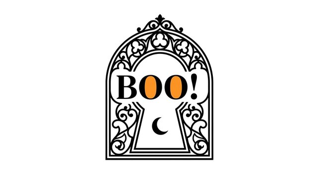 Vintage halloween arched doorway with boo lettering and crescent moon illustration