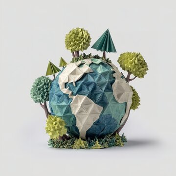 Origami Low Poly Paper Craft Globe with Green Trees Sustainable Planet Earth Concept Photo