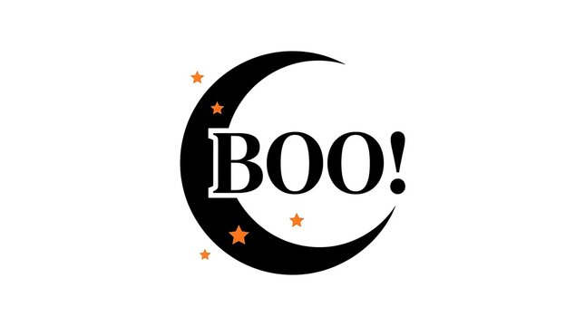 Halloween design featuring a crescent moon with the word boo in bold lettering