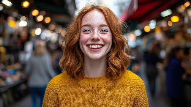 A young woman with freckles laughing genuinely while walking through a bustling city market