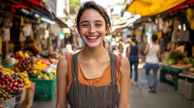 A young woman with freckles laughing genuinely while walking through a bustling city market