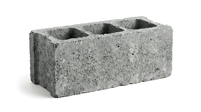 Single grey concrete cinder block isolated on a white background.
