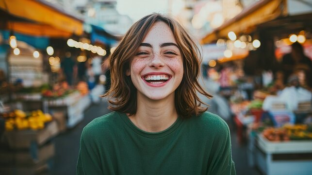 A young woman with freckles laughing genuinely while walking through a bustling city market