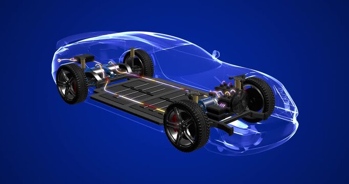 Electric vehicle 3D render showing internal chassis battery pack and suspension system. EV Cars Technology Related 4K 3D Animation.