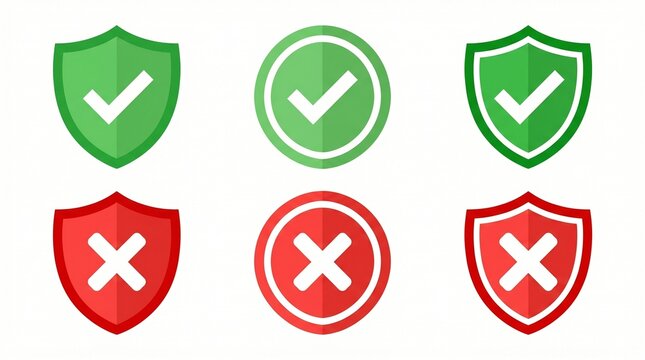 Approval and rejection icons with green check marks and red X shields, security correctness error symbol graphic illustration set.