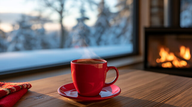 Snowy winter landscape visible through a large window while a steaming mug of cocoa sits beside a glowing fireplace indoors, warm and cold contrast, Christmas atmosphere, peaceful