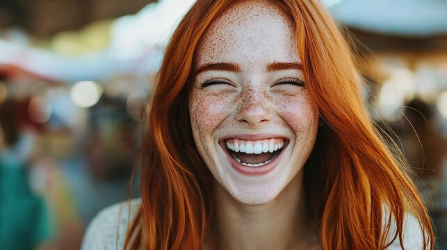 A young woman with freckles laughing genuinely while walking through a bustling city market