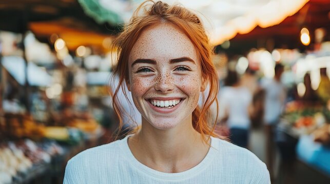 A young woman with freckles laughing genuinely while walking through a bustling city market